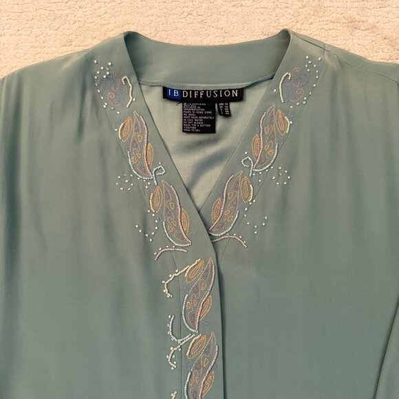 Vintage IB Diffusion Silk Blouse Beaded Embroidered Size 14 Dusty Teal Flowy - Picture 3 of 10